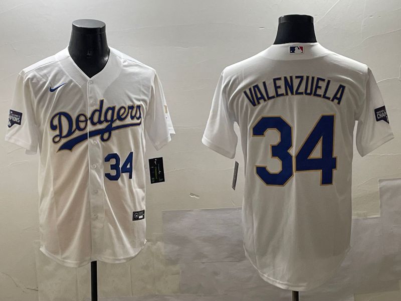 Men Los Angeles Dodgers 34 Valenzuela White blue Gold Game 2025 Nike MLB Jersey style 12